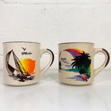 Vintage Florida Souvenir Pair of Mugs Set of Two Mug Coffee 1970s 70s Diner Cup Rainbow Sailboat Ceramic Beach 