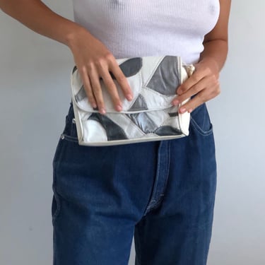 90s silver + white patchwork leather purse / vintage white metallic silver leather crossbody or clutch quilted patchwork shoulder purse 