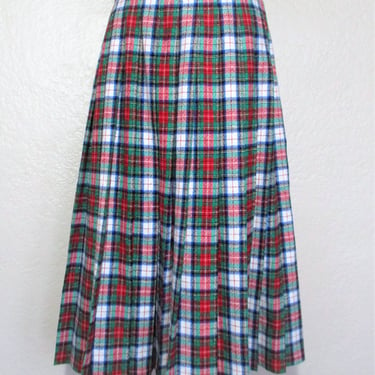 Vintage 1990s Pendleton Skirt, Large Women, red white green blue black plaid wool, drop pleat 