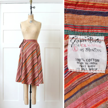 vintage 1970s boho wrap skirt • bright desert sunset striped woven cotton midi skirt 