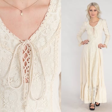 Gunne Sax Dress 60s Cream Floral Lace Dress Maxi Prairie Dress Lace Up Corset Bohemian Wedding Dress Long Puff Sleeve Boho Vintage 1960s XS 