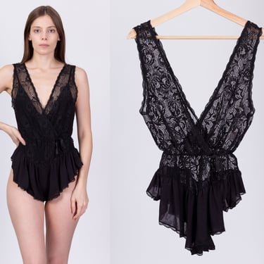 70s 80s Black Sheer Lace Teddy - Small | Vintage Flair Sexy Lingerie Bodysuit 