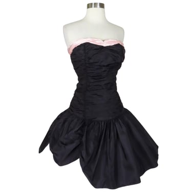 Vintage 80s Ballet Pink Strapless Black Taffeta Full Skirt Short Mini Cocktail Party Prom Dress S Small Costume Fairy Whimsy Whimsygoth Core 