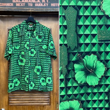 Vintage 1960’s Size XL Green x Black Floral Tiki Cotton Hawaiian Shirt, Loop Collar, 60’s Vintage Clothing 