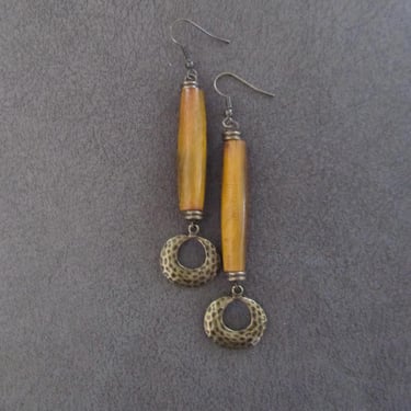 Long hair pipe bone and bronze earrings 