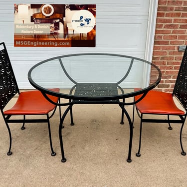 Rare Arthur Umanoff for Shaver Howard Mid Century Iron and Glass Round Dining Table and Chairs 