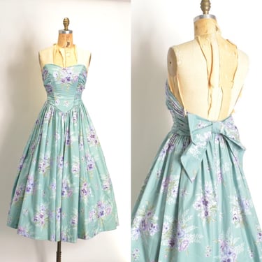 Vintage 1980s Dress / 80s Laura Ashley Strapless Floral Dress / Pastel Teal ( XS S ) 