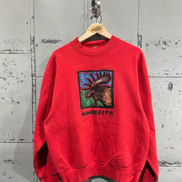 L 90s Red Minnesota Moose graphic Crewneck sweatshirt locale tourism Jim Meyer art 