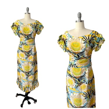 50s Yellow Floral Print Silk Hawaiian Dress / 1950s Vintage VLV Dress / Medium / Size 8 