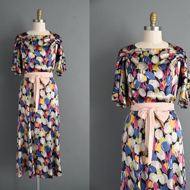 1930s Vintage Dress | Gorgeous Antique 1930s Silk Satin Tulip Print Dress I Medium Large 