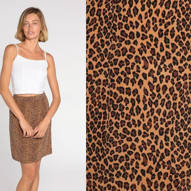 Leopard Print Skirt 90s Mini Skirt Silk Skirt Animal Print Skirt 1990s Vintage Festival Pencil Wiggle High Waisted Brown Cheetah Small S 