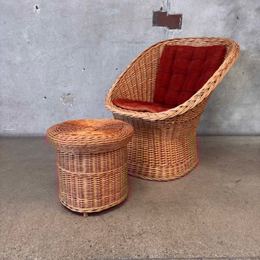 Mid Century Modern Wicker Cahir With Ottoman