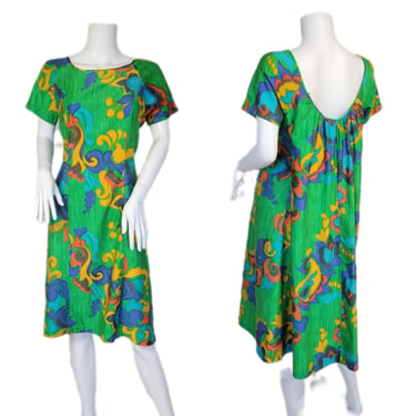 1960's Green Brushed Cotton Psychedelic Hawaiian Print Shift Dress I Sz Med 