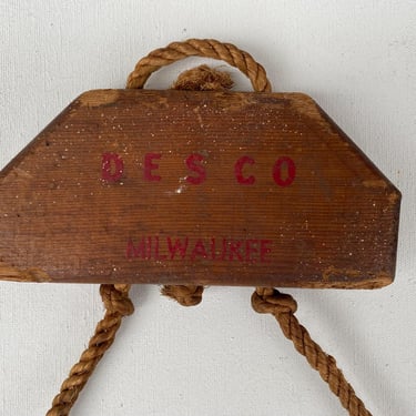 Vintage Desco Milwaukee, Wood Rope Hanger, Antique Advertising, Nautical Theme, Wall Art Hanger, Up Cycle, Repurpose, Rustic Display 