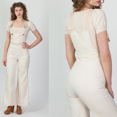 Vintage 70s Rainbow Contrast Stitch Flared Overalls - Petite XS | Off-White Bib Overall Pants Bell Bottom Dungarees 