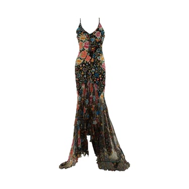 Roberto Cavalli Black Floral Ruffle Gown