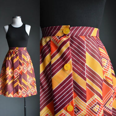 Vintage 1970s Orange A Line Skirt / Geometric Print Skirt Small / Button Up A Line 1970s Skirt / Super 70s Skirt Small 