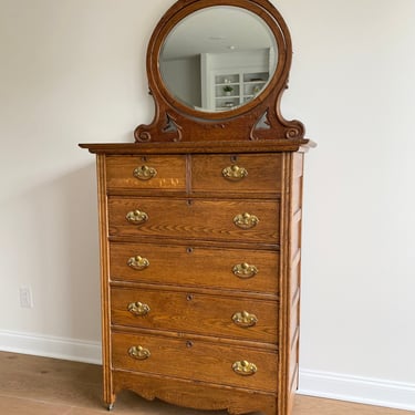 NEW - One-Of-A-Kind Antique Tiger Oak Dresser with Round Beveled Swivel Mirror, Vintage Furniture 