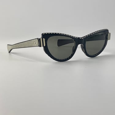 Vintage 1950'S Cat Eye Sunglasses - American Optical COSMETAN Frames - Ivory & Black Side Stripes - Optical Quality - New UV Glass Lenses 
