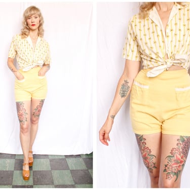 1940s Cotton Yellow Twill Shorts - 25w 