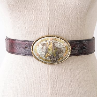 Vintage Western Lizard Grain Cowhide Leather Belt W/ Mixed Metal Horse Buckle | Lyntone | 29.5-33
