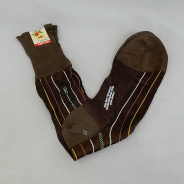 Men's Vintage Dress Socks - NOS NWT New Unworn Deadstock - Brown w/ Thin Stripes - Rayon Cotton Blend - Mid-Century Hosiery 