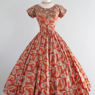 Fabulous 1950's Ben Reig Beaded Paisley Print Cotton Party Dress / Small