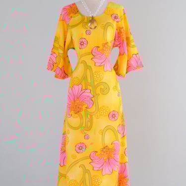 Vintage 1960's Pineapple Yellow Hawaiian Dress By Two Potato / M
