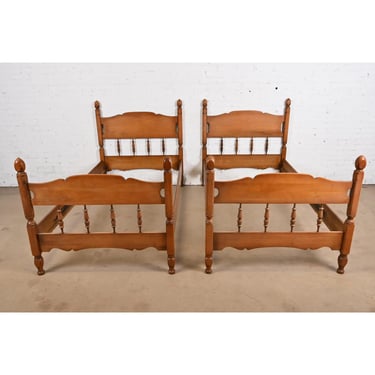 American Colonial Carved Cherry Wood Twin Size Spindle Beds by Empire Furniture, Pair