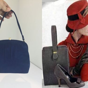 The Gentleman Over There - Vintage 1950s Royal Blue Suede Leather Tall Handbag Purse 