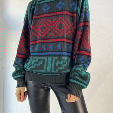 90s 'Gitano' Acrylic Knit Aztec Abstract Print Sweater / Large 