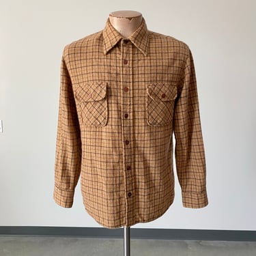Vintage Wool Tan Plaid Flannel Shirt / Vintage Wool Plaid Button Down / 1970s Menswear / Vintage Plaid Wool Shirt / Wool Button Down 