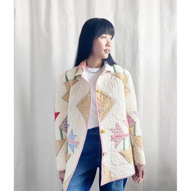 Quilt Oversized Chore Jacket - vintage 1990s North Carolina Lily floral tan yellow pink women's winter long coat blazer one-of-a-kind 