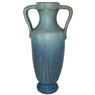 1919 Vintage Tall American Van Briggle Pottery King's Blue Two-Handle Yucca Leaves Vase 