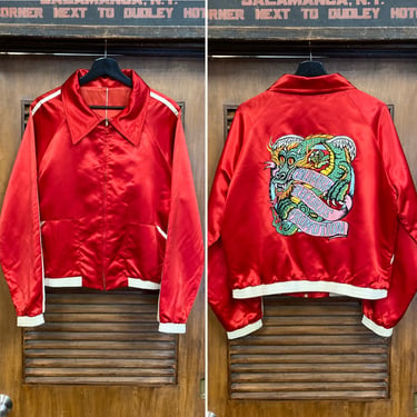 Vintage 1970’s Roller Rink Dragon Embroidery “Columbia Records” Glam Mod Rock n’ Roll Satin Bomber Jacket, 70’s Vintage Clothing 