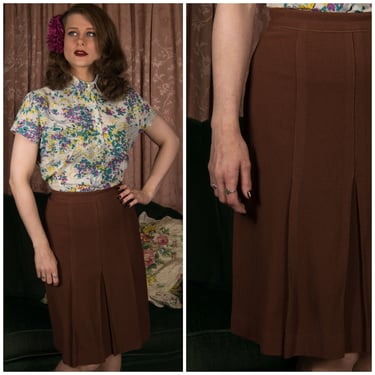 1940s Skirt - Vintage 40s Cinnamon Brown Wool Gored Gabardine Skirt with Deep Center Pleat 