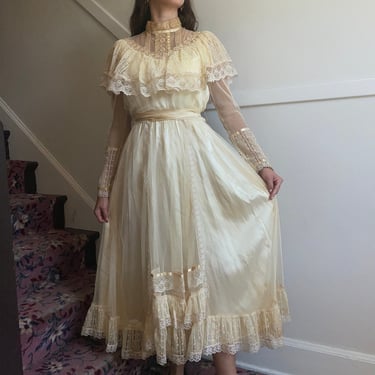 1970s Gunne Sax Edwardian Revival Tea-Dyed Netted and Lace Dress with High size Small 