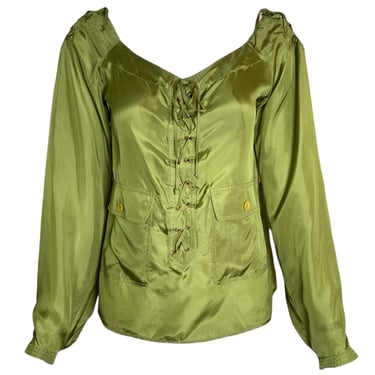 Yves Saint Laurent F/W '04 Tom Ford Olive Green Silk Lace Up Safari Blouse