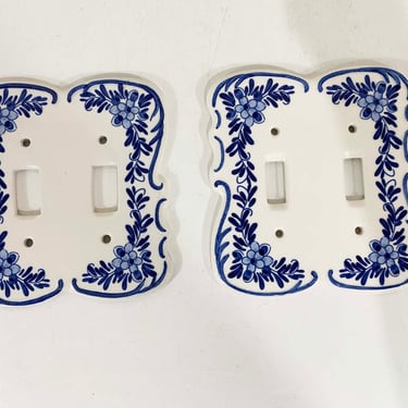 Vintage Delfts Holland Ceramic Hand Painted Double Switch Plates Set of 2 Blue White Pair Delft 
