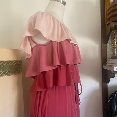 Vintage 60s Vicky Vaughn Mod Pink Ombre Tiered Ruffled Maxi Dress Off-the-Shoulder ; 70s Spring Mauve Cocktail/ Evening Wear Maxi Dress L 