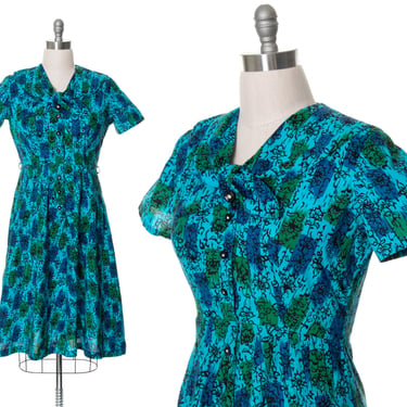 Vintage 1960s Shirt Dress | 60s Floral Geometric Cotton Blue Green Rhinestone Button Up Fit Flare Printed Day Dress (large) 