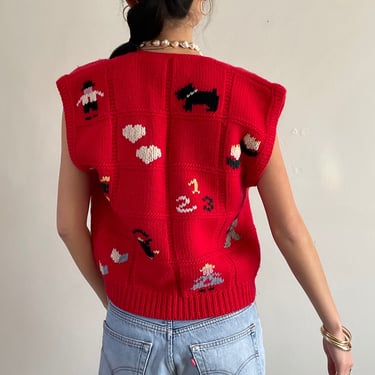 70s hand knit sweater vest / vintage red wool hand knit fair isle intarsia scenic folklore novelty sleeveless button up sweater vest | M 