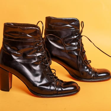 90s Black Patent Leather Boots Vintage Ankle Lace up Heel Booties 