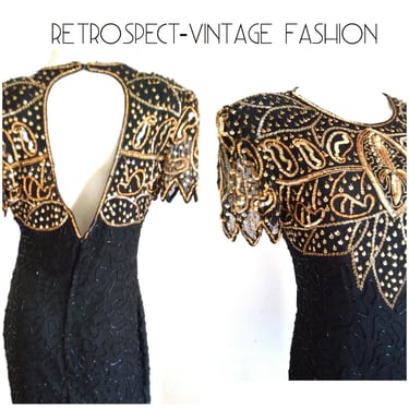 80's Vintage gold sequin dress, gold beaded dress, beaded gatsby dress short gold sequin holiday dress, black scalloped sleeves medium m 8 