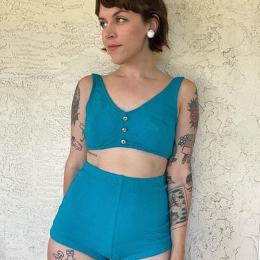 70s/80s Maxine of Hollywood two piece high waisted bikini in teal blue 