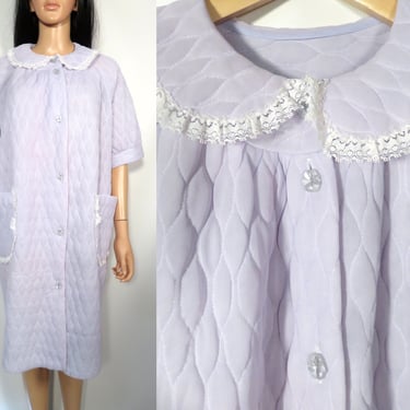 Vintage 60s/70s Lavender Quilted Button Front Bed Jacket With Frilly Lace Details Size Up To XL 