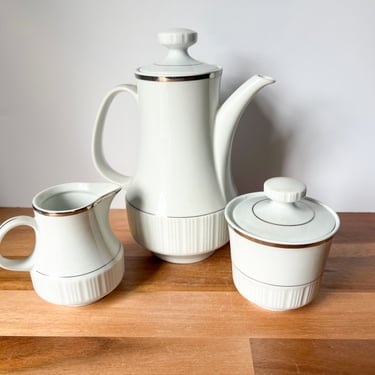 White Vintage Porcelain Tea Set. Vintage East German Ceramic Coffee Pot. Vintage Tea Pot, Creamer and Sugar Dish. 