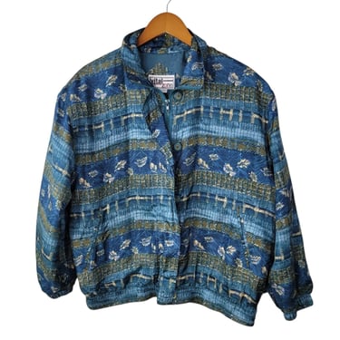 Vintage 80/90s Silk Bomber Jacket Size Medium Windbreaker Blue Zip Up Lightweigh 