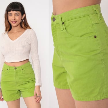 Lime Green Denim Shorts 90s Jean Shorts High Waisted Rise Shorts Retro Basic Five Pocket Summer Shorts Casual Vintage 1990s Medium 8 