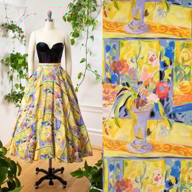 Vintage 1980s Circle Skirt | 80s Floral Still Life Novelty Print Matisse Painterly Yellow Rayon Maxi Swing Skirt | small 